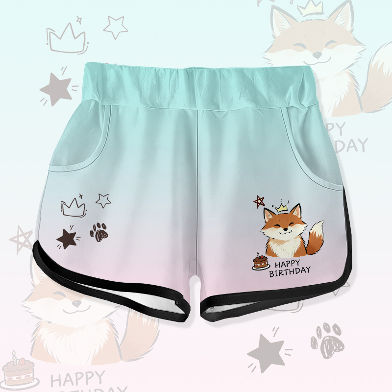 HAPPYバースデー かわいいキツネのケーキ グラフィックModakawaグラデーション ショートパンツ - Green - 5XL - image 2