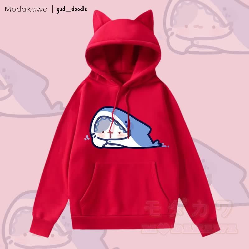 MODAKAWA x gud_doodleキティシャークグラフィックポケット付きフリース裏地パーカー（猫耳付き） - 赤 - 2XL - image 3