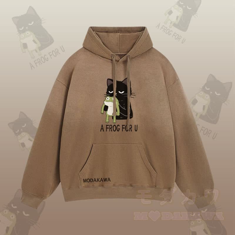 A FROG FOR U 黒猫がカエルを抱きしめるグラフィック グラデーション ストリートウェア パーカー - 茶色 - 2XL - image 4