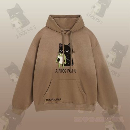 A FROG FOR U 黒猫がカエルを抱きしめるグラフィック グラデーション ストリートウェア パーカー - 茶色 - 2XL - image 4