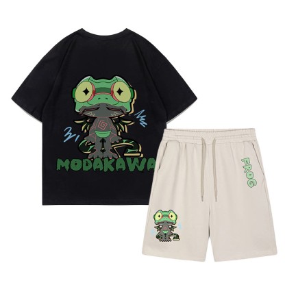 面白いカエルのグラフィックとダークな美的Tシャツとショートパンツの2点セット - ブラック＆アプリコット - C - 5XL - image 15