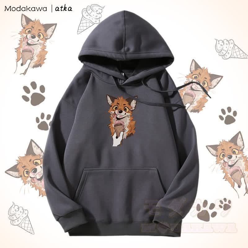 キツネがアイスクリームを食べるグラフィック フリース裏地パーカー - ダークグレー - 5XL - image 8