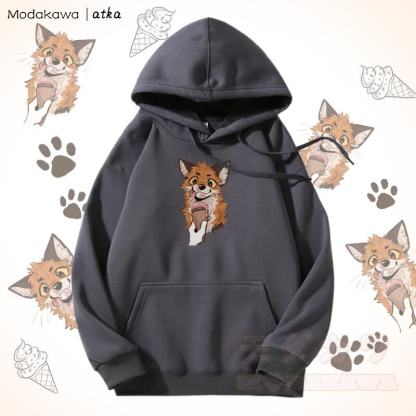 キツネがアイスクリームを食べるグラフィック フリース裏地パーカー - ダークグレー - 5XL - image 8