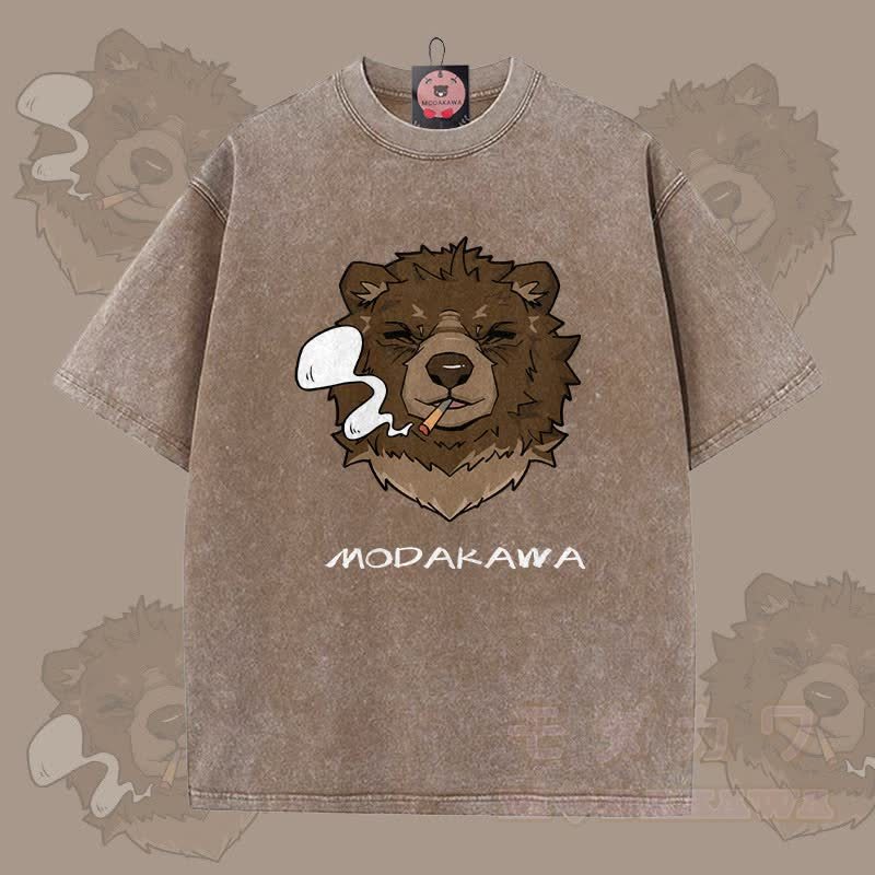 MODAKAWA スモーキングベア グラフィック ユニセックス ヴィンテージウォッシュTシャツ - 茶色 - 5XL - image 6