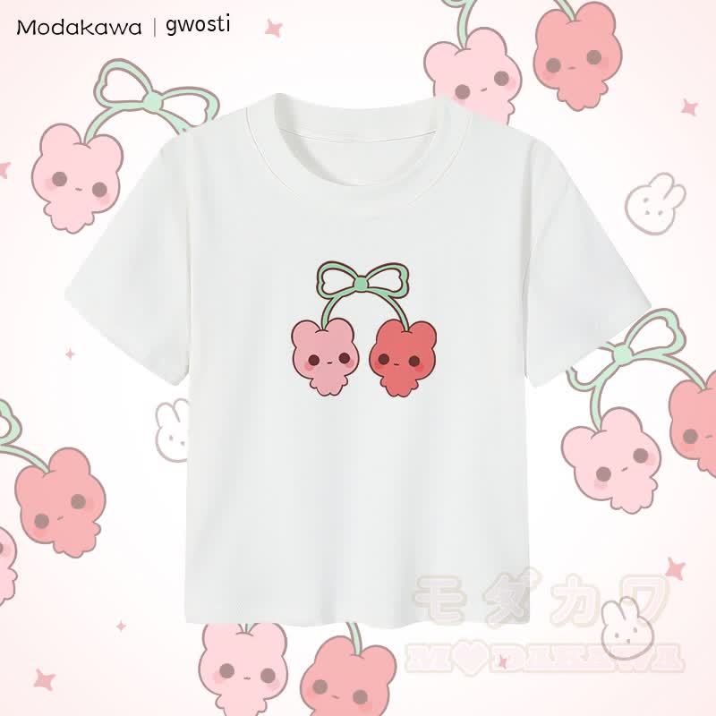 MODAKAWA X gwosti チェリーズグラフィック レディース クロップドTシャツ 92% コーマ綿クロップトップ - 白 - XL - image 4
