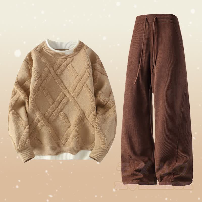 フェイクレイヤードニットセーター コーデュロイパンツ ツーピース - セットF - 4XL - image 6