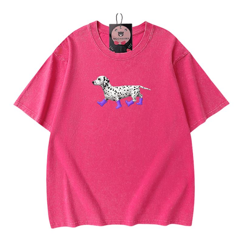 ダルメシアン柄Modakawaユニセックス ヴィンテージウォッシュドTシャツ - Rose Red - 5XL - image 7
