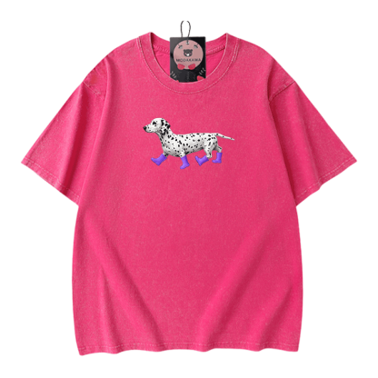 ダルメシアン柄Modakawaユニセックス ヴィンテージウォッシュドTシャツ - Rose Red - 5XL - image 7