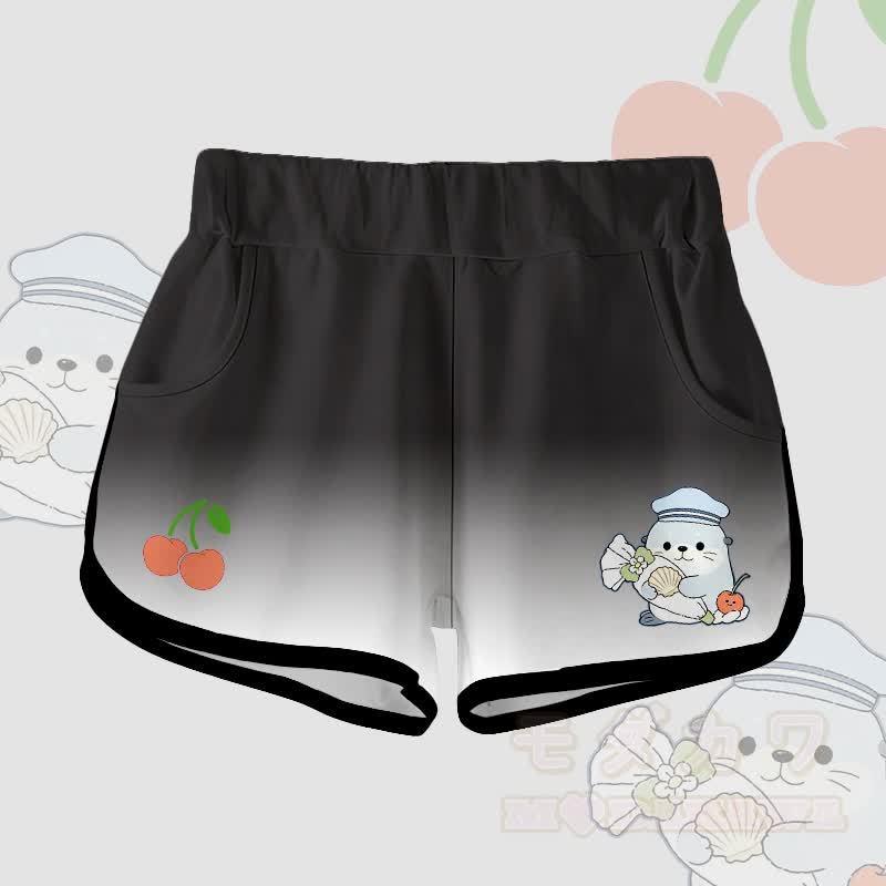 かわいいアザラシ柄の綿100% T綿とグラデーションショーツのModakawaカワツーピースセット - 黒のショートパンツ - 5XL - image 5