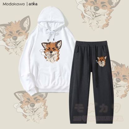 MODAKAWA X atka Fox スモーキンググラフィックパーカー メンズ ドローストリングパンツ 2ピースセット - ホワイト＆ダークグレー - 4XL - image 6