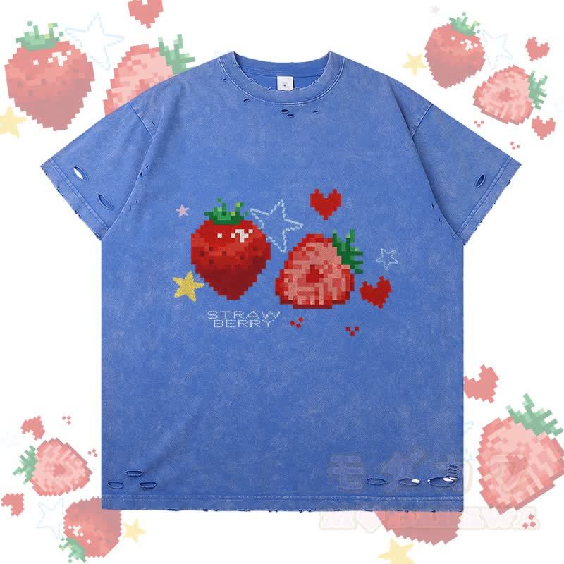 ピクセルストロベリーグラフィックModakawaリップドTシャツ - 青 - 2XL - image 3