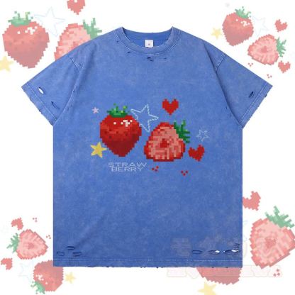 ピクセルストロベリーグラフィックModakawaリップドTシャツ - 青 - 2XL - image 3