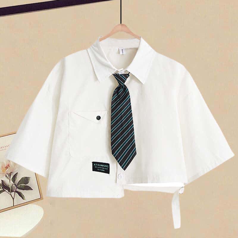 ポケットラペルタイTシャツイレギュラーレースアップスリップドレス2点セット - image 3