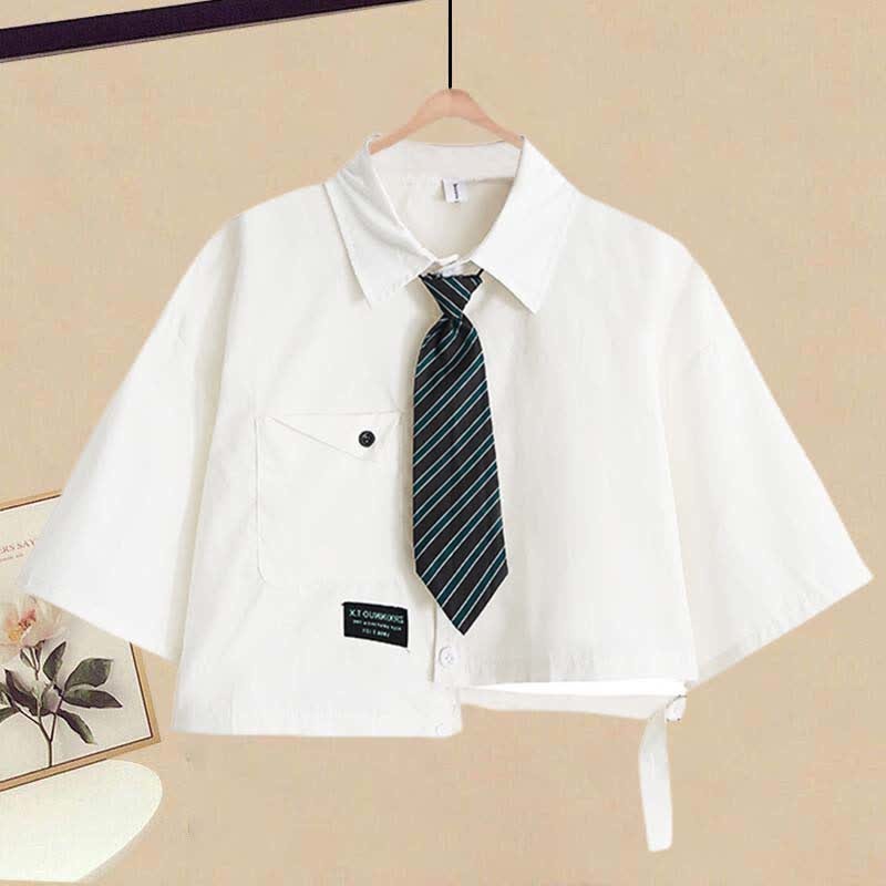 ポケットラペルタイTシャツイレギュラーレースアップスリップドレス2点セット - image 3