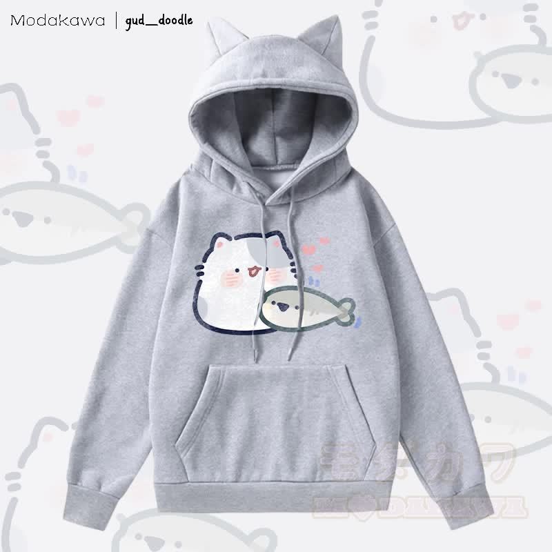 MODAKAWA x gud_doodle猫と魚のグラフィックポケット付きフリース裏地付き猫耳パーカー - グレー - 2XL - image 3