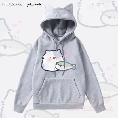 MODAKAWA x gud_doodle猫と魚のグラフィックポケット付きフリース裏地付き猫耳パーカー - グレー - 2XL - image 3