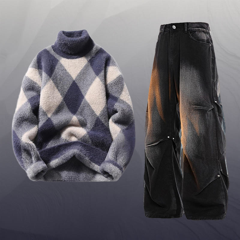 チェック柄ファジーニットセーターデニムパンツツーピース - Set C - 3XL - image 3