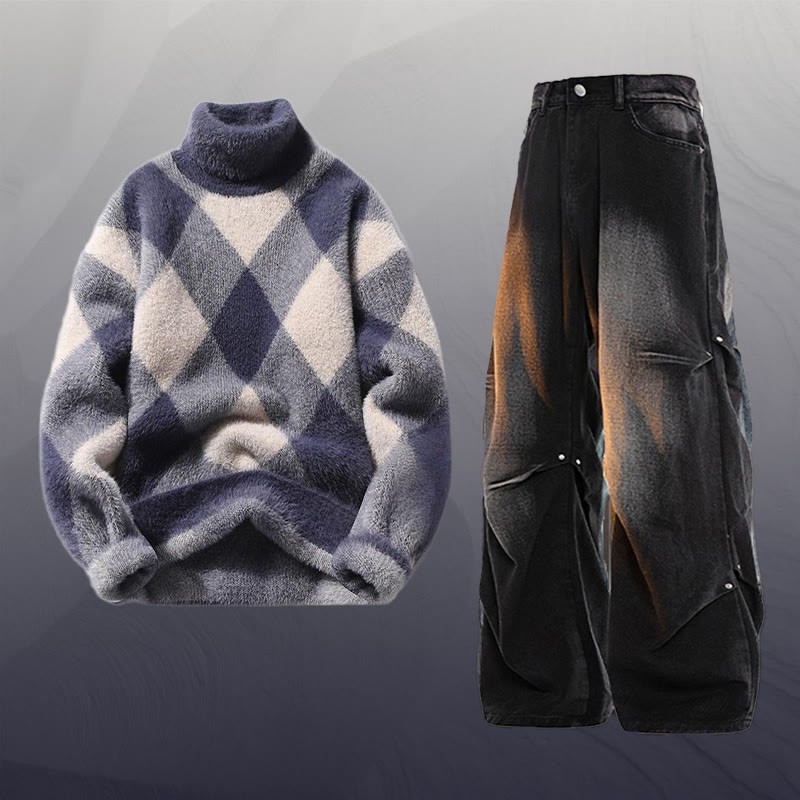 チェック柄ファジーニットセーターデニムパンツツーピース - Set C - 3XL - image 3