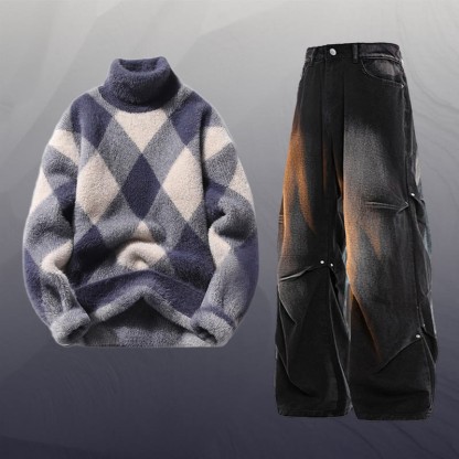 チェック柄ファジーニットセーターデニムパンツツーピース - Set C - 3XL - image 3