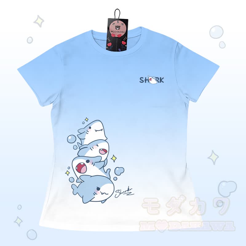 グラデーションシャークグラフィックTシャツ、レターグラフィックショーツ、Modakawaお揃いコーデ - 青と白のTシャツ - 5XL - image 4