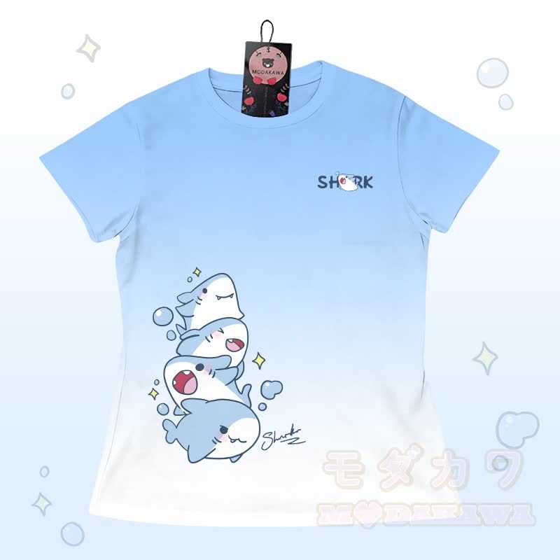 グラデーションシャークグラフィックTシャツ、レターグラフィックショーツ、Modakawaお揃いコーデ - 青と白のTシャツ - 5XL - image 4