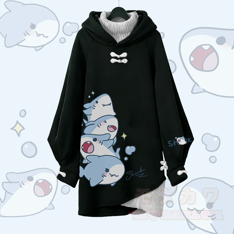 遊び心のあるサメのグラフィックModakawaバックルヴィンテージフード付きスウェットシャツドレス - ブラックB - 3XL - image 2