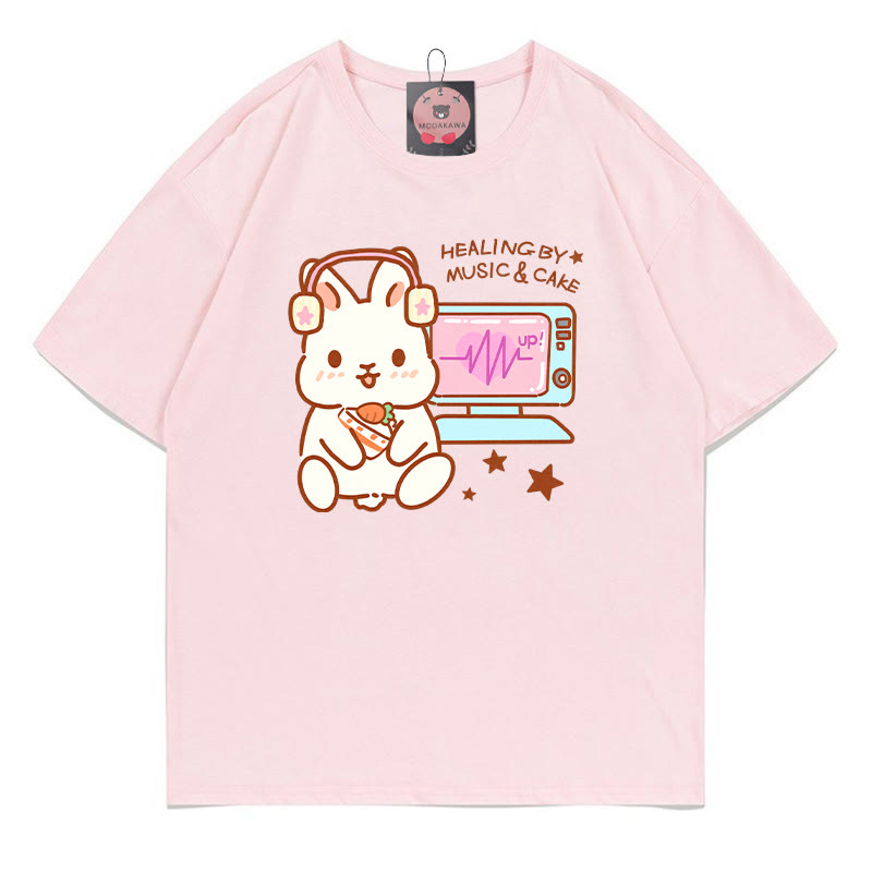 HEALING BY MUSIC CAKE バニープリント100%綿ModakawaTシャツ - Pink - 5XL - image 3