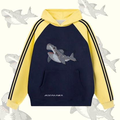 MODAKAWA シックスギルシャーク グラフィックカラーブロック 裏起毛 パーカー - Purplish Blue&Yellow - 2XL - image 3