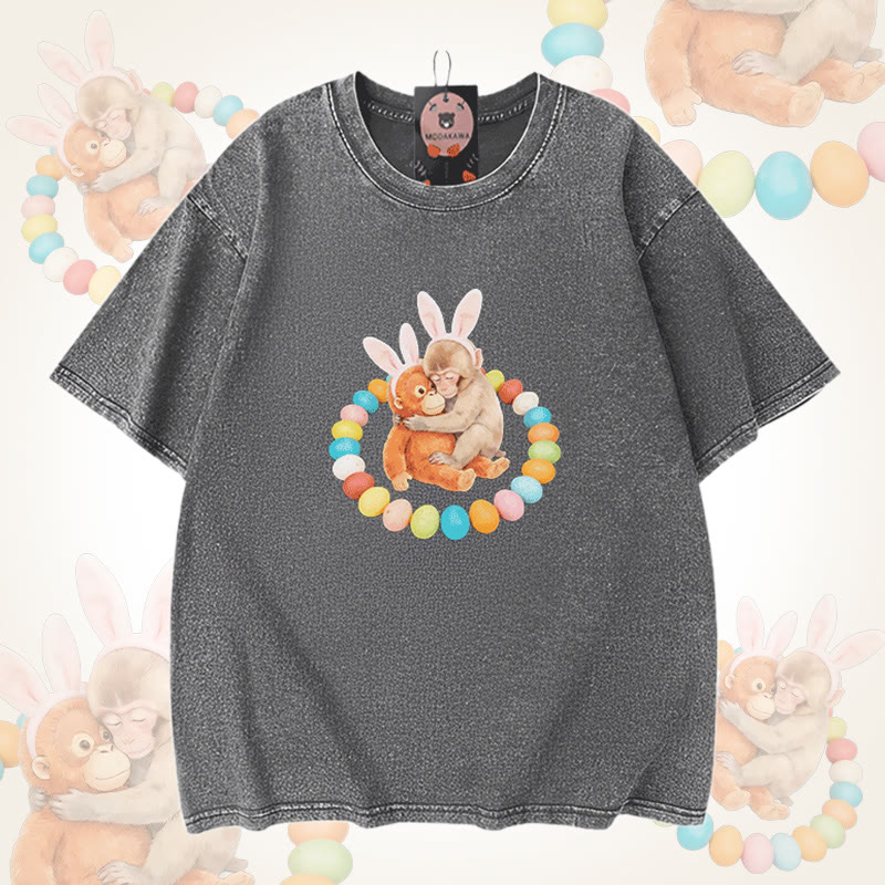 イースターエッグモンキーグラフィックModakawaユニセックス ヴィンテージウォッシュドTシャツ - Grey - 5XL - image 6