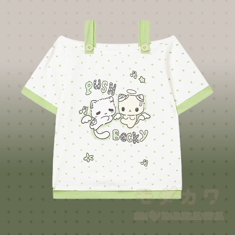 水玉模様の猫柄トップスとギンガムチェック柄ショートパンツ、Modakawaのセットアップ - グリーントップ - L - image 4