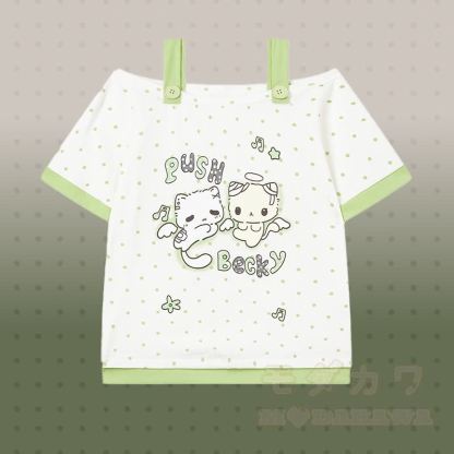 水玉模様の猫柄トップスとギンガムチェック柄ショートパンツ、Modakawaのセットアップ - グリーントップ - L - image 4