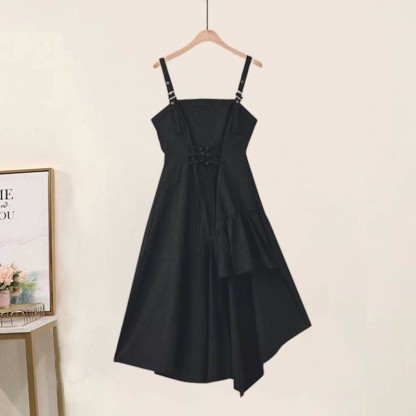 クロスショートパーカー レースアップ イレギュラー スリップドレス マッチングアウトフィット - Black Dress - 3XL - image 2
