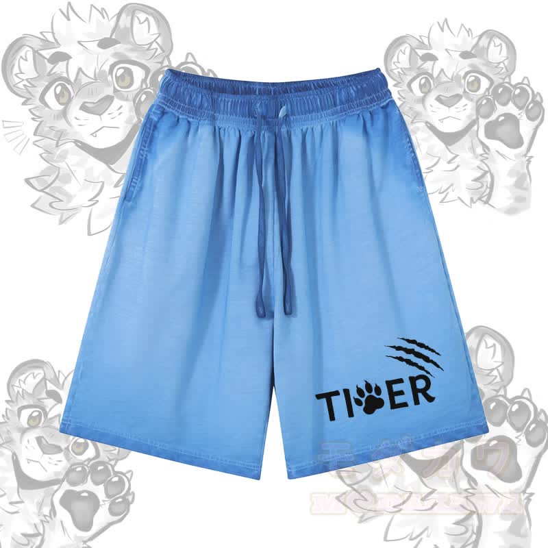 タイガーの足跡グラフィック入りModakawa 100%綿グラデーション ヴィンテージウォッシュ加工 ダメージ加工 ショートパンツ - 青 - 5XL - image 3