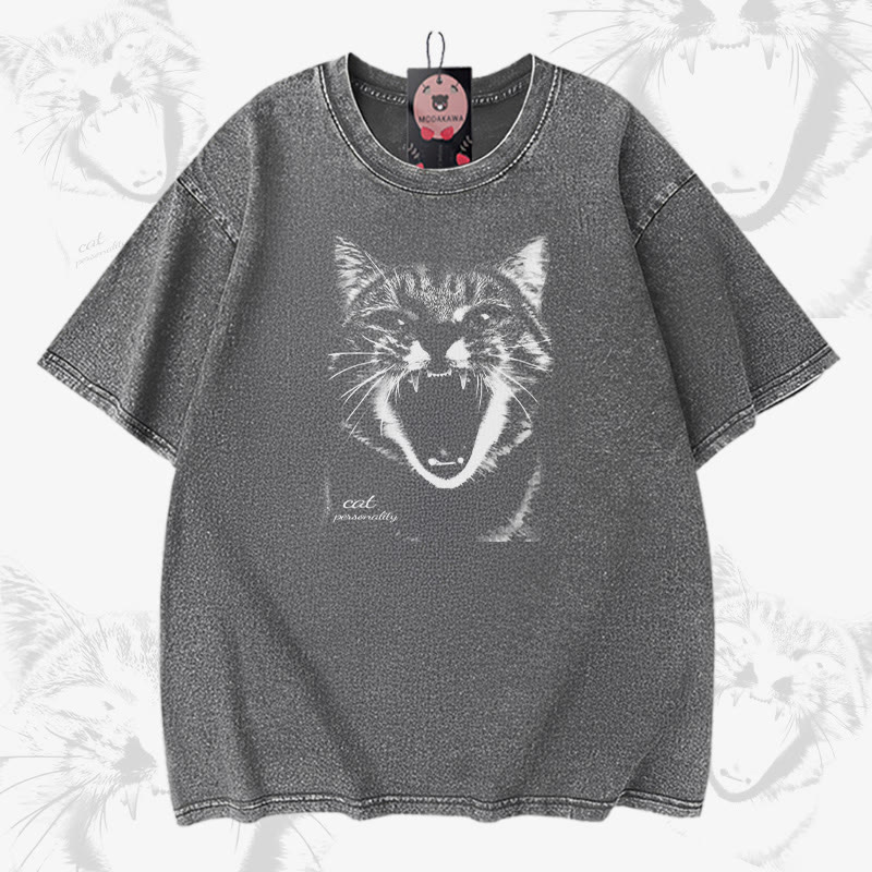 叫ぶ猫グラフィックModakawaユニセックス ヴィンテージウォッシュドTシャツ - Grey - 5XL - image 3
