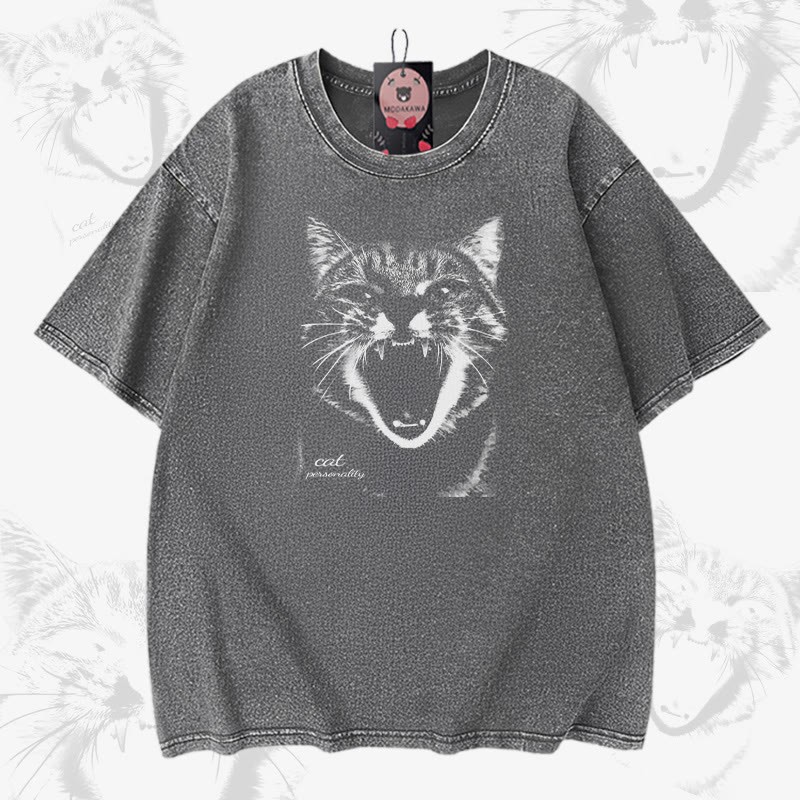 叫ぶ猫グラフィックModakawaユニセックス ヴィンテージウォッシュドTシャツ - Grey - 5XL - image 3