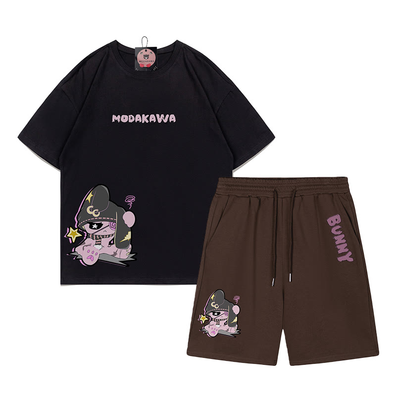 不幸なウサギのグラフィックダーク美学Tシャツショーツ2点セット - ブラック＆ブラウン - B - 5XL - image 14