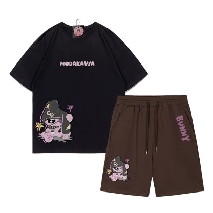 不幸なウサギのグラフィックダーク美学Tシャツショーツ2点セット - ブラック＆ブラウン - B - 5XL - image 14