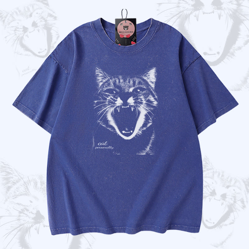 叫ぶ猫グラフィックModakawaユニセックス ヴィンテージウォッシュドTシャツ - Blue - 5XL - image 2