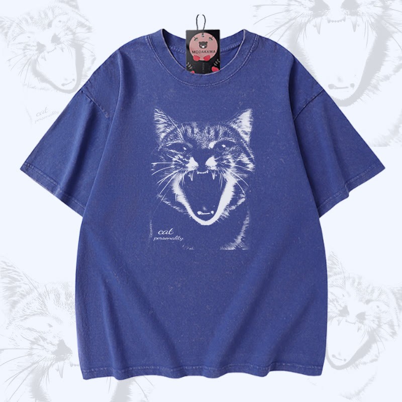 叫ぶ猫グラフィックModakawaユニセックス ヴィンテージウォッシュドTシャツ - Blue - 5XL - image 2