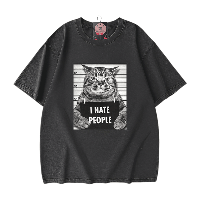 人が嫌い 猫グラフィックModakawaユニセックス ヴィンテージウォッシュドTシャツ - Black - 5XL - image 2
