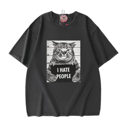 人が嫌い 猫グラフィックModakawaユニセックス ヴィンテージウォッシュドTシャツ - Black - 5XL - image 2
