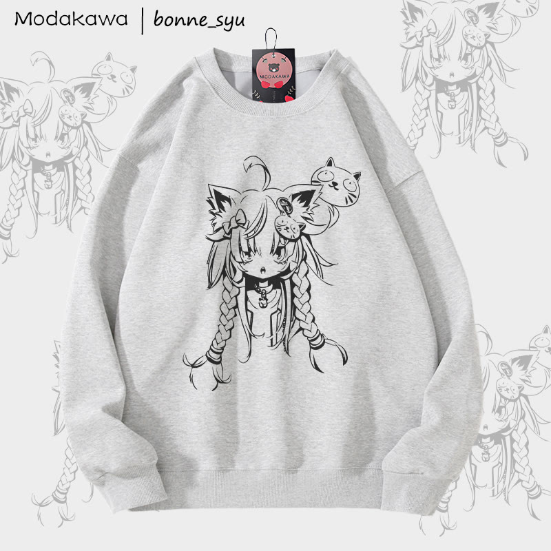 MODAKAWA X bonne_syu キャットガール グラフィック ユニセックス スウェットシャツ - Grey - 5XL - image 3