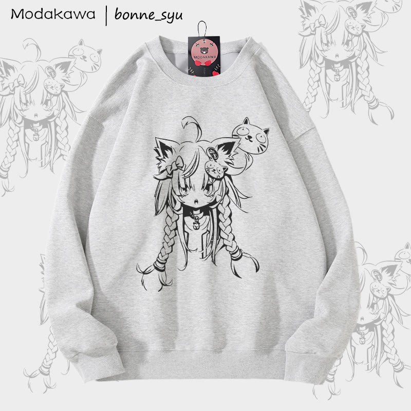 MODAKAWA X bonne_syu キャットガール グラフィック ユニセックス スウェットシャツ - Grey - 5XL - image 3