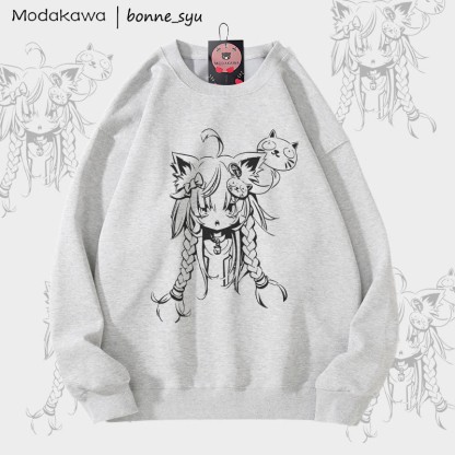 MODAKAWA X bonne_syu キャットガール グラフィック ユニセックス スウェットシャツ - Grey - 5XL - image 3