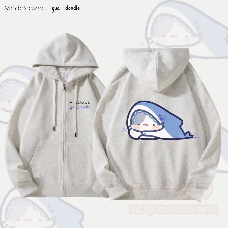 MODAKAWA X gud_doodleキティシャークグラフィック フリース裏地 ジップアップ パーカー スウェットシャツ - ライトグレー - 5XL - image 4