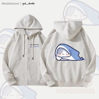 MODAKAWA X gud_doodleキティシャークグラフィック フリース裏地 ジップアップ パーカー スウェットシャツ - ライトグレー - 5XL - image 4