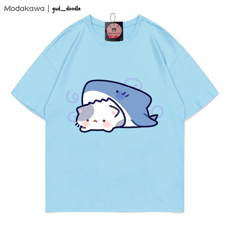Modakawa x gud_doodleシャークキティプリント100%綿Modakawa Tシャツ - Blue - 5XL - image 5