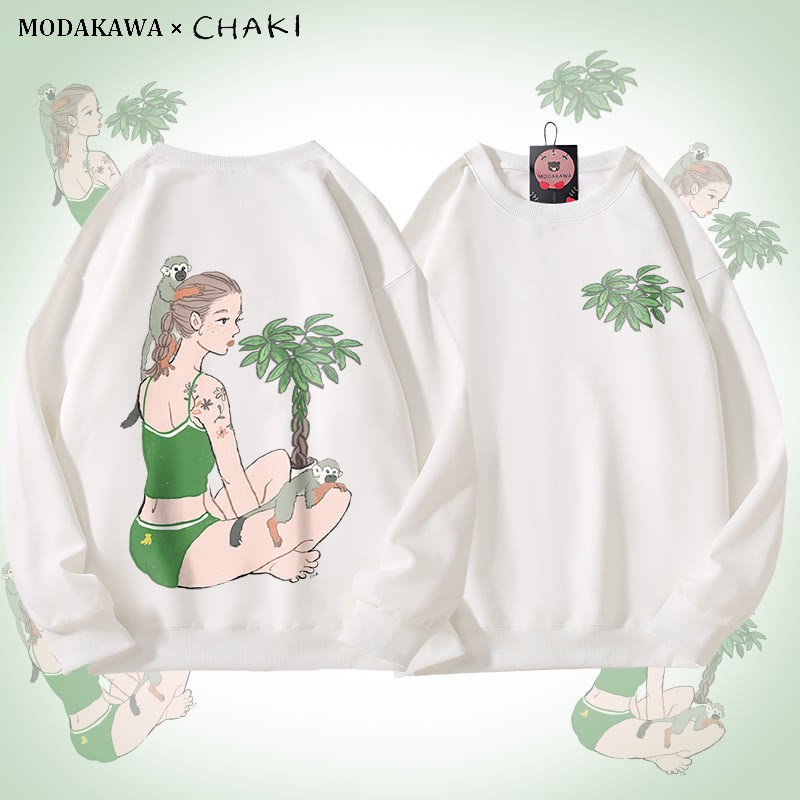 MODAKAWA X chaki ガール＆モンキー グラフィック ユニセックス スウェットシャツ - White - 5XL - image 3