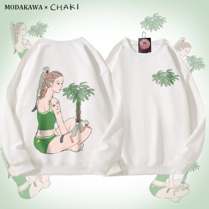 MODAKAWA X chaki ガール＆モンキー グラフィック ユニセックス スウェットシャツ - White - 5XL - image 3