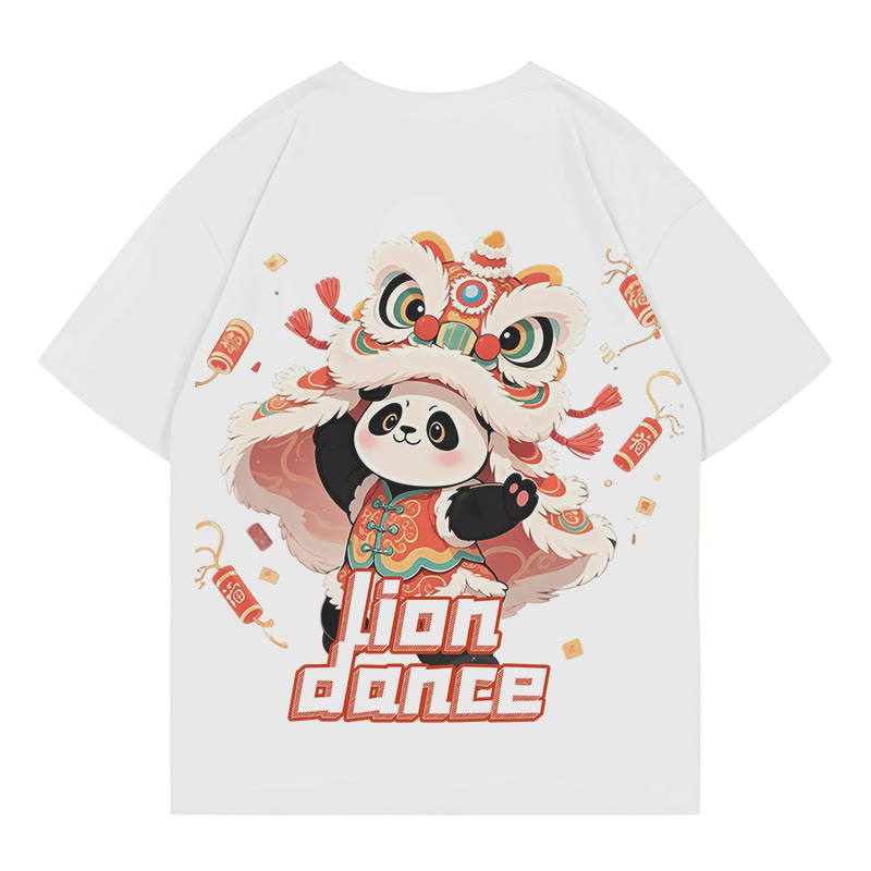 LION DANCEパンダプリント100%綿ModakawaTシャツ - White - 5XL - image 3